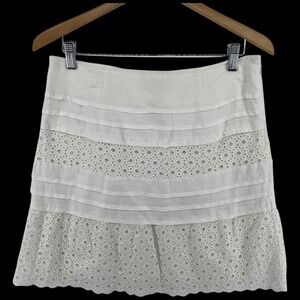 INC  Linen Skirt Women Size 10P Eyelet WHITE A Line Cottage Boho Y2K Lined